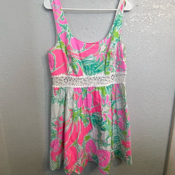Lilly Pulitzer Rosemarie Dress Sz 12 Flamingo Pink Don't Give a Cluck Beach - Picture 1 of 8